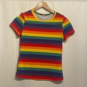 Women's Small Stretchy Rainbow Striped Short Sleeved Fitted Top